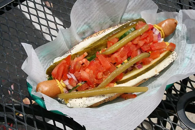 THE OTHER WINDY CITY: The green bean-topped Chicago Dog is a popular request at Hot Dogs on Harbor in Morro Bay. The order-at-the-window eatery uses 100 percent Hearst Ranch grass fed beef in its old fashioned franks. - PHOTO BY HAYLEY THOMAS