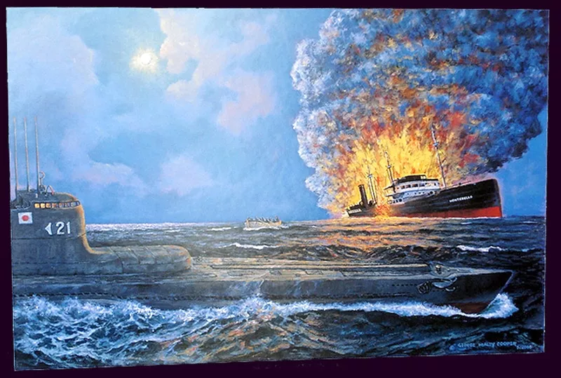 “Japanese sub sinks Union Oil tanker Montebello,” by George Healey Cooper, a Los Osos painter. - IMAGE COURTESY OF GEORGE HEALEY COOPER