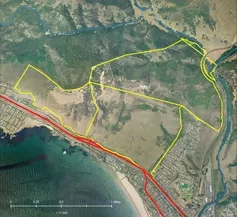 PRESERVATION DESTINATION: The parcels making up the proposed Pismo Preserve are outlined in yellow and Highway 101 is in red. - MAP COURTESY OF THE LAND CONSERVANCY OF SLO COUNTY