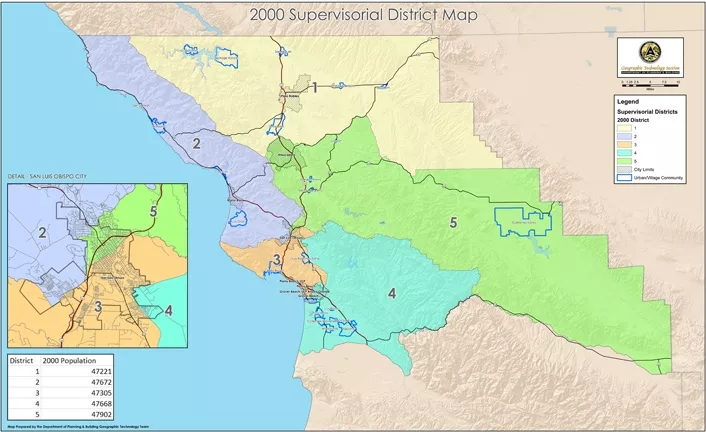 AFTER: Between 1990 and 2000, SLO County’s supervisorial districts underwent dramatic changes. As county officials redraw district boundaries again, such a transformation is just as likely. - IMAGES COURTESY OF SLO COUNTY