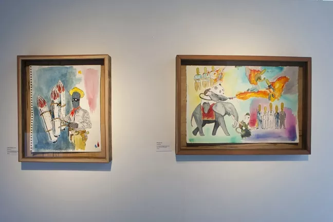 PYRO PANDA : Neal Breton’s bright watercolors depict absurd, often comical situations. Pictured is Cowboy Diplomacy (left) and Wake Up. - PHOTOS BY STEVE E. MILLER