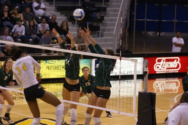 IN THE GAME: Gabrielle Rivera along with Cal Poly women’s volleyball team, taking on Cal State Long Beach. - PHOTO COURTESY OF GABRIELLE RIVERA