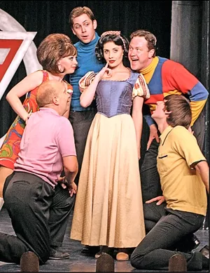 YELLOW SNOW? : In the Melodrama’s Villain’s Vaudeville Review, Snow White (Katie Worley) trades in her good girl image, with the help of various nefarious villains, played by (clockwise from bottom left) Billy Breed, Natasha Harris, Andrew Beck, Chuck McLane, and John Keating.