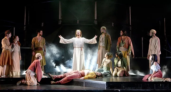 I DO KNOW HOW TO LOVE HIM : On Jan. 6, the groundbreaking rock opera version of “the greatest story ever told,” the Andrew Lloyd Webber/Tim Rice Broadway classic Jesus Christ Superstar, comes to the Performing Arts Center with Ted Neeley (center)—the star of the influential Norman Jewison movie by the same name—reprising his pivotal role as Christ. - PHOTO COURTESY OF CAL POLY ARTS