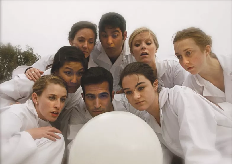 AN EVENING OF WONDER : Josh Machamer uses well-timed choreography, minimal costumes, and no dialogue to bring imaginative storytelling to Cal Poly. Pictured (top row) are Natalie Keller, Arash Shahabi, and Ellen Jones. Bottom row: Shelby Lewis, Amy Shank, Eric Cutruzzula, Katharine Epstein, and Kelly Jackson. - PHOTO BY TIM DUGAN