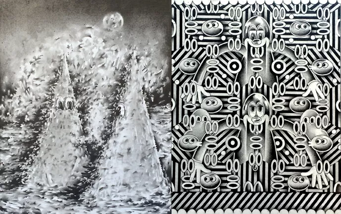 COME AND GET IT: Ryan Travis Christian’s graphite on paper drawings will show at Left Field across from Solien’s colorful collages through the end of September. - IMAGES COURTESY OF LEFT FIELD