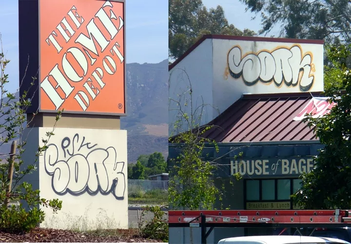 “GETTING UP” FOR ALL TO SEE : Many graffiti artists say the bragging rights go to those who make their tags most visible by hitting “prime real estate.” Others argue that artistry and taste trump mere courage. - PHOTO COURTESY OF SOAK