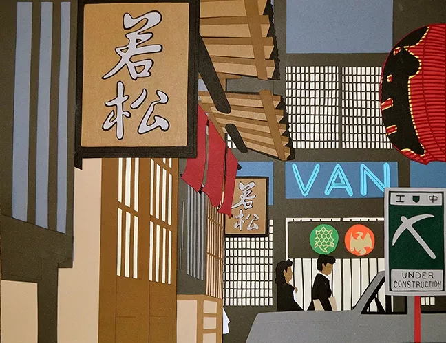 STREETS OF TOKYO: The contrasting colors in Ryan Carroll’s 'Late Autumn, Tokyo Alley' make the piece pop and give it a three-dimensional feel. - IMAGE COURTESY OF GALLERY AT MARINA SQUARE