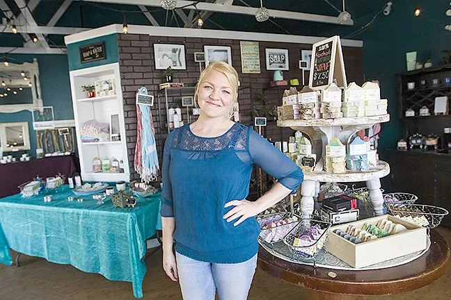 WHAT’S THAT SMELL?: Katye Fredieu, owner of Artisan Soapery in Morro Bay, crafts soaps with a special blend of moisturizing oils that smell like lavender, matcha green tea, beer, sandalwood, and more. - PHOTO BY JAYSON MELLOM