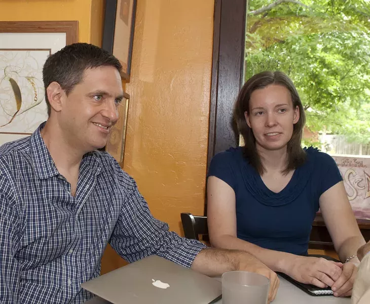 Marc Solomon, Freedom to Marry, and Amanda Snipes, community outreach director, Freedom Oklahoma, meet with Troy Stevenson, not pictured, at The Red Cup, 7-14-14.. mh
