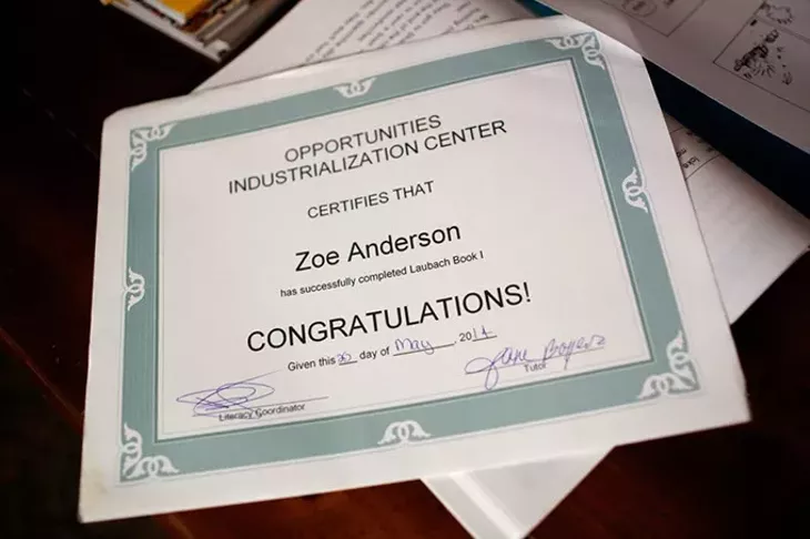 Zoe Anderson's certifificate for successfully finishing the first book in the program at Opportunities Industrialization Center, in Oklahoma City, Wednesday, Aug. 26, 2015. - GARETT FISBECK