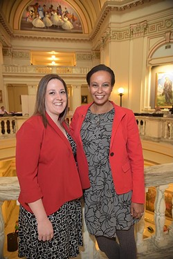 From left, Calley Herth, Communications Director, and Naomi Amaha, Government Relations Director, with the American Heart Association, on the 4th floor rotunda of the Oklahoma State Capitol.  Naomi is a lobbyest for the OHA advocating for heart health policies.  mh