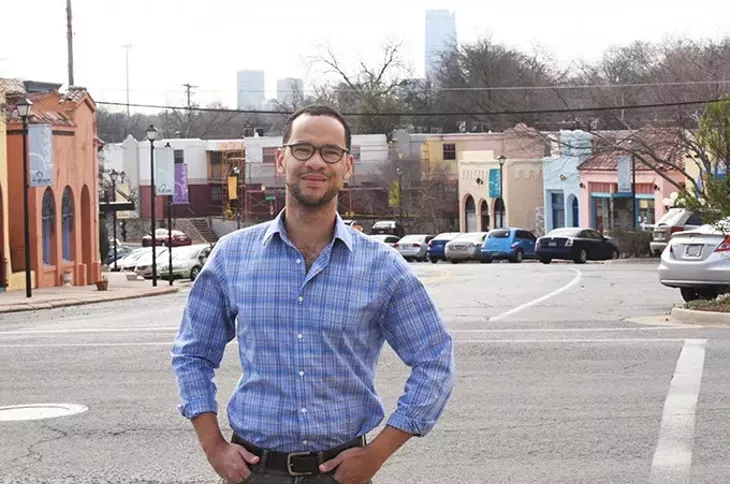 James Cooper who is running for the Ward 2 City Council seat, shown in Ward 2 at the north end of The Paseo. mh