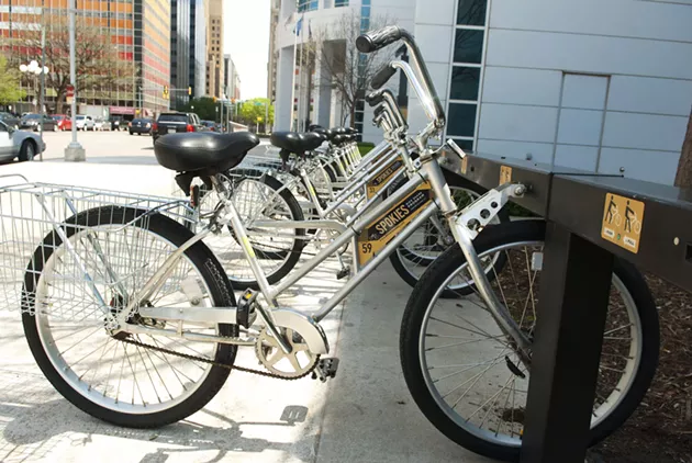 Spokies bike station at the Ronald J. Norick Downtown Library. - MARK HANCOCK