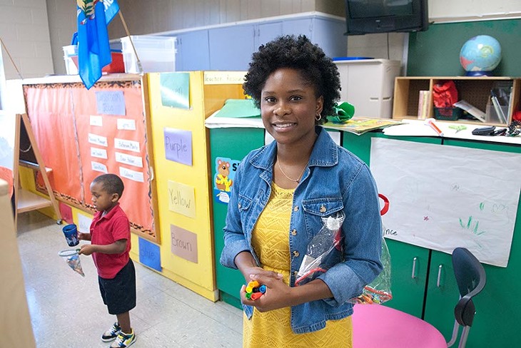 Alexis Daniels works with her Pre-K students at F.D. Moon Elementary recently.  mh