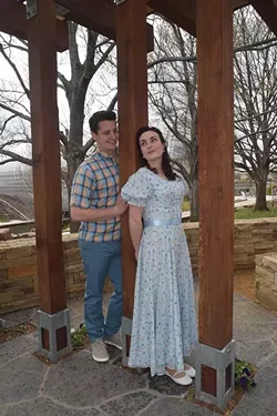 Nate Stukey as "Matt", and Arden Walker as "Luisa" in this promotional shot for the Lyric Theatre production of "The Fantastics", photographed at the Myriad Botanical Gardens, 3-11-16. - MARK HANCOCK / FOR THE GAZETTE