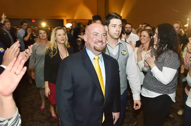 Gubernatorial candidate Joe Dorman, finaly arrives to his watch party after a long wait by his supporters, Tuesday, 11-4-14, in the Cox Center in Downtown OKC. mh