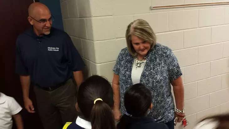Mark Twain Elementary principal Sandy Phillips and superintendent Robert Neu welcomed students on the first day of class on Aug. 4, 2014. - BEN FELDER