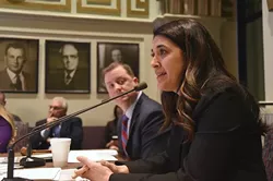 Senator Stephanie Bice, vice chair, discusses her alcohol bill, SB383, with Senator Dan Newberry, chair, during the committee hearing on business and commerce, at the State Capitol Thursday. mh