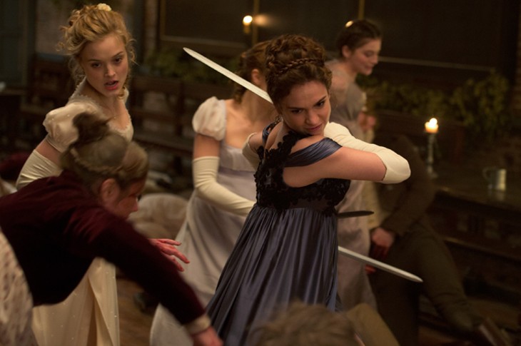 Lily James (center) and Bella Heathcote (left) in Screen Gems' PRIDE AND PREJUDICE AND ZOMBIES. - JAY MAIDMENT