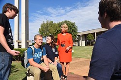 Dr. Jeanie Webb, President of Rose State College, chats with a group of students out on the campus, 9-24-15. - MARK HANCOCK