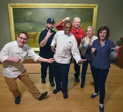Guest Chefs, from left, Michael Haddad, a local chef, Henry Boudreaux, of the Museum Cafe, Gayland Toriello, Ember restaurant in the Waterford Hotel, Frank Newcomb, a local chef, Allison Dake, Brown Egg Bakery, and Rachel Cope, Empire Slice House, will participate in this year's Annual Omelette Party, March 4th, with the theme "Eggs, Drinks & Rock 'n' Roll, to benifit the OKCMOA. Pictured in front of museum collection art "The Coming Storm" by George Inness, 2-12-16, at the OKCMOA in Downtown Oklahoma City. - MARK HANCOCK