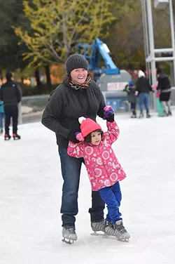Christine Dowd with Mia Jacobs, at the Devon Ice Rink at the Myriad Botanical Gardens, 11-12-14. mh