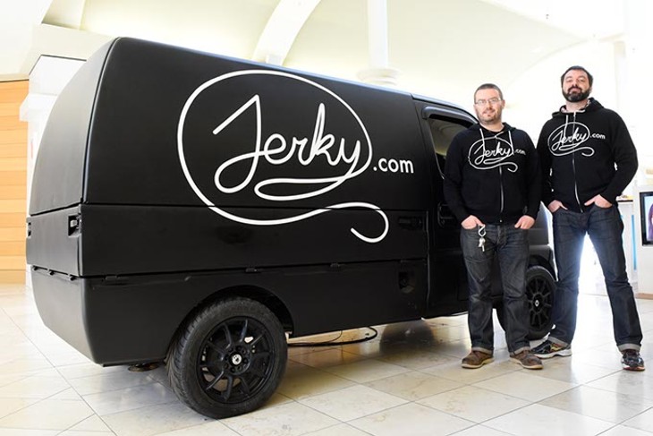 Doug Iske and Chad Trost pose for a photo with the Jerky.com truck at Penn Square Mall, Monday, March 28, 2016. - GARETT FISBECK