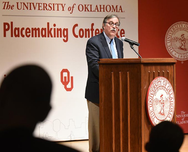 Wilfred McClay, Blankenship Chair in the History of Liberty, with his speech titled "Why Places Matter", during the Placemaking Conference 2015 event held in the Catlett Music Center at O.U. Monday Morning.  mh