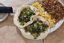 Mexican Street Tacos with Mexican Corn and Chino Beans, at Alfredo's Mexican Cafe. mh