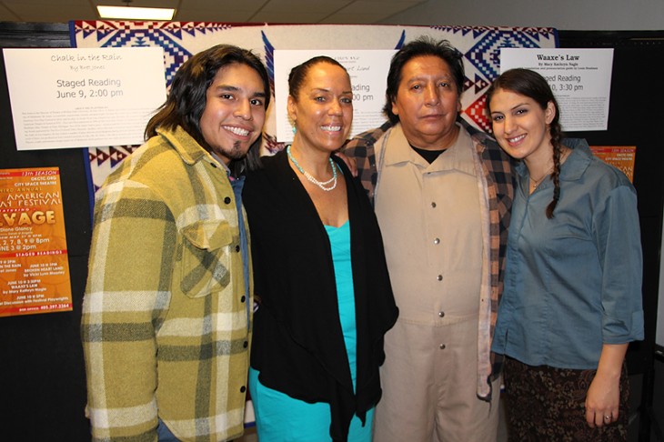 The cast and director Sarah D'Angelo celebrate after the opening night performance of "Salvage" by Diane Glancy, the featured play of the 2012 Native American New Play Festival. Shown (left to right) are Jeremy Tanequodle, Sarah D'Angelo, Michael Edmonds, and Tiffany Tuggle-Rogers. Photo by Caleb Dobbs. - CALEB DOBBS