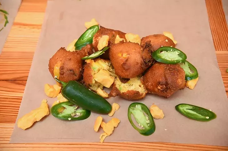 Jalapeno cheese hushpuppies, on the counter at Anchor Down. mh