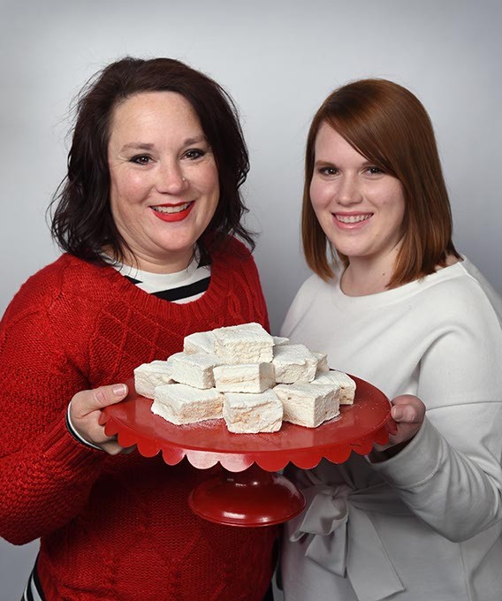 From left, Melissa and daughter, Katie Morgan of Katiebug's with marshmallow cakes, at the Gazette Studios, 12-21-15. - MARK HANCOCK