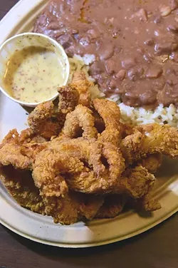 C'est Si Bon, fried catfish with red beans and rice as offered to judges for the 2015 Festival of the Arts, 1-6-15. mh