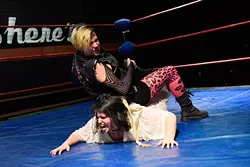 Eric Everett (Hacksaw Jim Duggan) wrestles Thorne Poorman (Big Van Vader) during a BLOWmania practice at Mid-South Wrestling. (Garett Fisbeck)