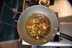 Basil Stir-Fry, in the wok during preparation at Thai Rice & Noodle Cafe in Del City, 12-28-15. - MARK HANCOCK