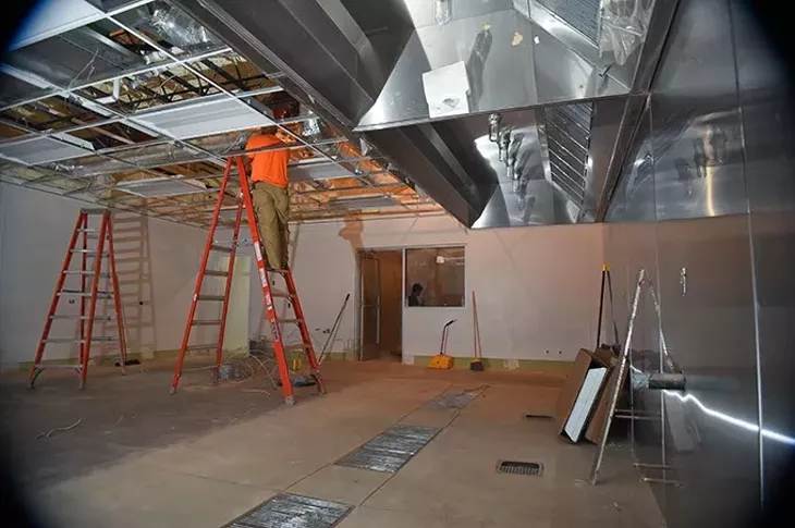 View of construction progress in one room of the new Full-Production Kitchen, part of a 50,000 square feet of expansion at Regional Food Bank of Oklahoma. mh