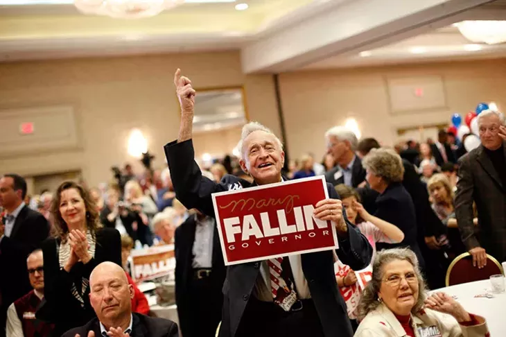 Raymond York cheers during a Republican watch party at Tower Hotel Oklahoma City last week. (Garett Fisbeck)