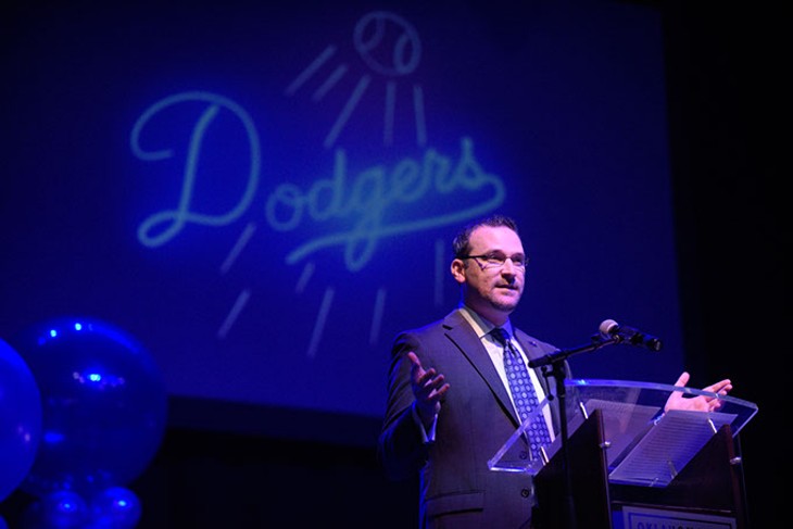 Dodgers president and general manager Michael Byrnes speaks during team&#146;s season kickoff luncheon Feb. 22 at The Criterion. (Garett Fisbeck)