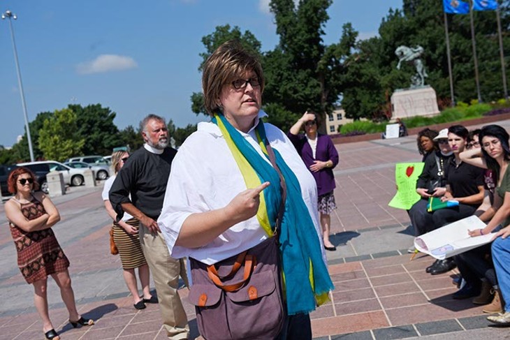 Paula Sophia Schonauer speaks at a protest for transgender rights at the Oklahoma State Capitol, Tuesday, May 24, 2016. - GARETT FISBECK