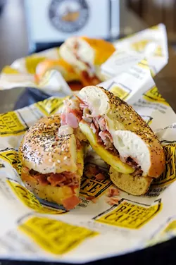 Meat lovers sandwich on everything bagel at Old School Bagel Cafe in Moore, Thursday, Sept. 17, 2015. - GARETT FISBECK