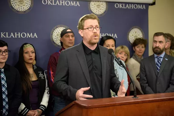Sierra Club Oklahoma president Johnson Bridgwater, who advocates for development of renewable energy, speaks at a recent press conference. (Garett Fisbeck)
