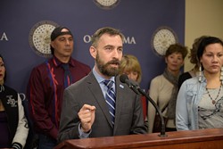 Ryan Kiesel, of ACLU of Oklahoma, speaks during a press conference lead by ACLU and allies dounouncing legislative efforts to silence protestors, at the Oklahoma State Capitol, Wednesday, March 8, 2017. - GARETT FISBECK