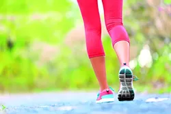 Woman with athletic legs on jog or run on trail in forest in healthy lifestyle concept with close up on running shoes. Female athlete jogging and training outdoors. - BIGSTOCK