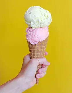 Strawberry and Pistachio on a waffle cone at Roxy's in Oklahoma City, Wednesday, July 15, 2015. - GARETT FISBECK