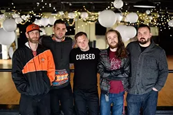 Dusty Phillips, Sebastian Madsen (Dropshop), Travis Tester (Travis Traps), Garrett Sellars (Gurt), and Waylon Clark of Elite Productions pose for a photo at the OKC Farmer's Market, Thursday, April 14, 2016. - GARETT FISBECK