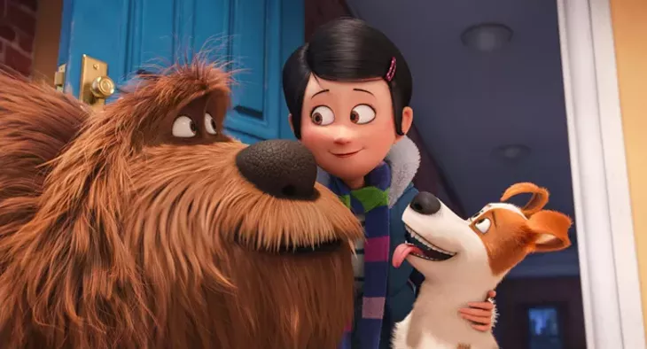 (L to R) Giant, fluffy, unruly rescue Duke (ERIC STONESTREET), owner Katie (ELLIE KEMPER) and pampered terrier mix Max (LOUIS C.K.) in Illumination Entertainment and Universal Pictures’ "The Secret Life of Pets," a comedy about the lives our pets lead after we leave for work or school each day. - CREDIT: ILLUMINATION ENTERTAINME