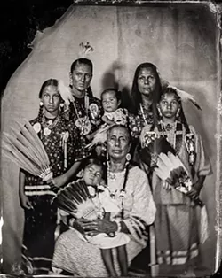 Casey Camp-Horinek, Citizen of Ponca Tribe of Oklahoma, “Zhuthi,” and Lola Williams, Citizen of Ponca Tribe of Oklahoma, Granddaughter of Casey Camp-Horinek, Age 2, and Diane Fafa, Citizen of Ponca Tribe of Oklahoma, Granddaughter of Casey Camp-Horinek, Age 10, and Matheanna Williams, Citizen of Ponca Tribe of Oklahoma, and Isaiah Williams, Ponca, Age 1, and Jewel Camp, Citizen of Ponca Tribe of Oklahoma, and Serena Horinek, Citizen of Ponca Tribe of Oklahoma, Granddaughter of Casey Camp-Horinek (Will Wilson / Fred Jones Jr. Museum of Art / provided)