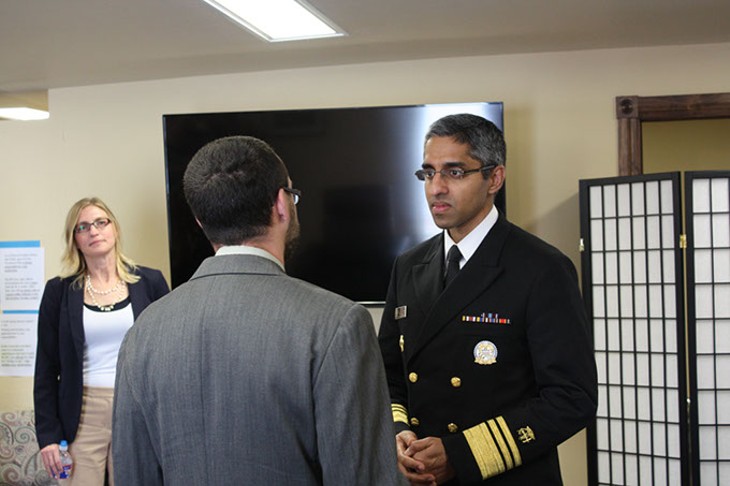 U.S. Surgeon General Vivek Murthy and commissioner Terri White listen as Justin Zagaruyka shares his experience battling addiction during his visit to Catalyst Behavioral Services. | Photo Laura Eastes