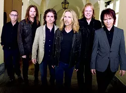 MACON, GA - OCTOBER 04: Rock Group STYX L/R: Chuck Panozzo, Ricky Phillips, Todd Sucherman, Tommy Shaw, James "J.Y." Young and Lawrence Gowan. Portrait shoot at Macon City Auditorium on October 4, 2014 in Macon, Georgia. - PHOTO BY RICK DIAMOND/GETTY IMAGES FOR STYX